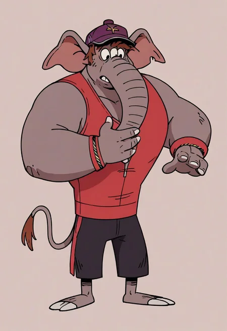 (score_9 | score_8_up | score_7_up)
((masterpiece:1))(best quality,very high quality,ultra detailed:1.2)
(2D,cartoon style,anime style)(Smooth:2)(clean blurring)
(four fingers on each hand,one thumb on each hand:1), Abu elephant, solo, brown hair, grey skin, black eyes, trunk, trunk nose, elephant trunk, elephant ears, monkey tail, purple vest, red and purple hat, alien, muscular, +++three eyes, extra eye, grey skin color, full body