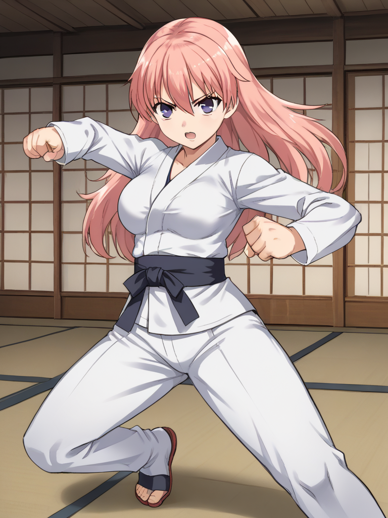 1girl, solo, fgsakura, pink hair, long hair, hair down, straight hair, purple eyes, medium breasts, dougi, white gi, karate gi, black belt, indoors, dojo, serious, fight stance, dynamic pose, open mouth, circle mouth