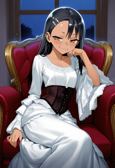nagatoro, masterpiece, best quality, amazing quality, ultra detailed, solo, 1girl, adult, long dress, wide sleeves, ornate dress, corset, victorian dress, sitting, armchair, brocade, reclining, leaning on side, chin down proud, indoors, night, particles, cowboy shot,