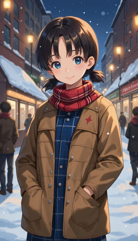 score_9, score_8_up, score_7_up, source_anime,
<lora:Nina (girlsundpanzer):1> gupnina, 1girl, short hair, black hair, short twintails, low twintails, blue eyes, background, bokeh, depth of field, hair between eyes, jacket, long sleeves, looking at viewer, plaid, plaid dress, plaid jacket, plaid scarf, plaid shirt, scarf, smile, solo, unmoving pattern, street, winter, snow, one hand on pocket, v over eyes,