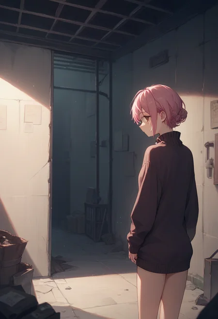 score_9, score_8_up, score_7_up, score_6_up, source_anime, 1girl, basement, dimly lit, dark,
pink hair, sweater, cowboy shot, looking back,
<lora:basement_v0.2-pony:1>