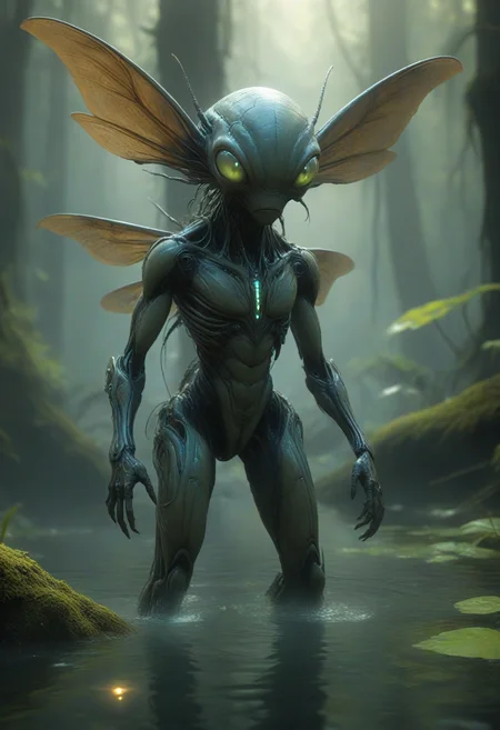 masterpiece, highly detailed,  realistic, alien species  (bioluminescent alien) with glowing yellow veined skin, holographic symbols, insectoid body, slitted dark Blue eyes, segmented antennae, bioluminescent limbs, cybernetic implants,frills, set in a mysterious bioluminescent forest, with shifting shadows, hidden secrets, an eerie vibe, under the starlight,  <lora:alien-species:1>