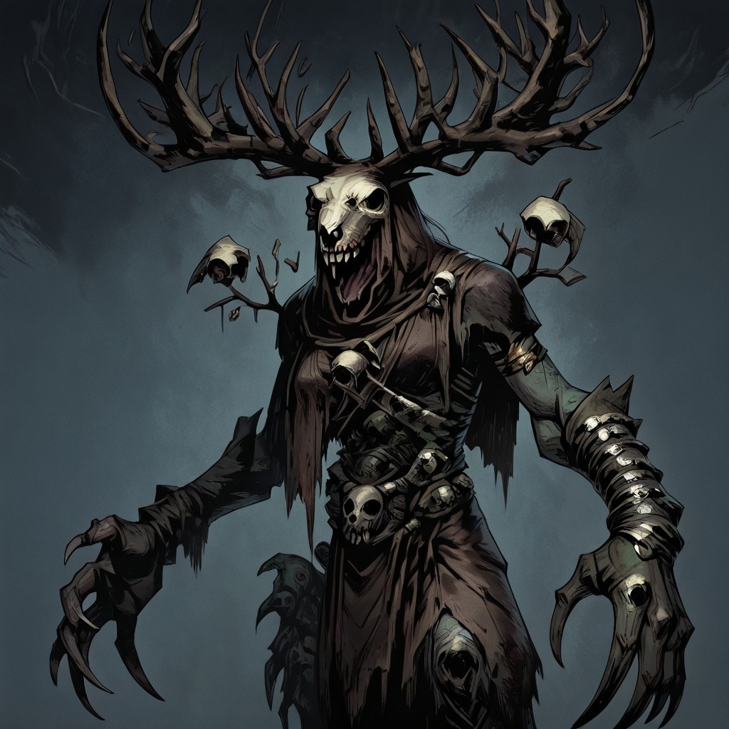 masterpiece, best quality, newest, absurdres, highres, TTCSV1.0, no humans, monster, W3Leshen, antlers, skull, claws, monster, torn clothes, horns,