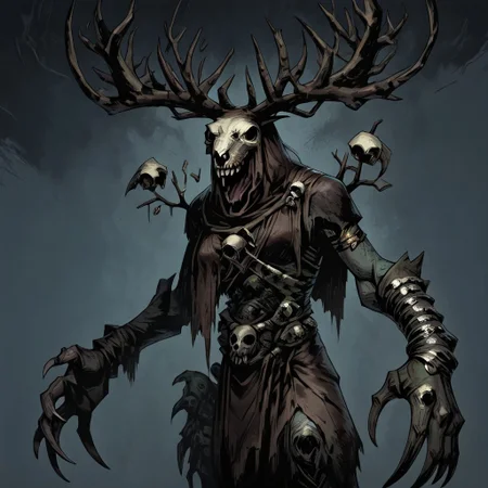 masterpiece, best quality, newest, absurdres, highres, TTCSV1.0, no humans, monster, W3Leshen, antlers, skull, claws, monster, torn clothes, horns,