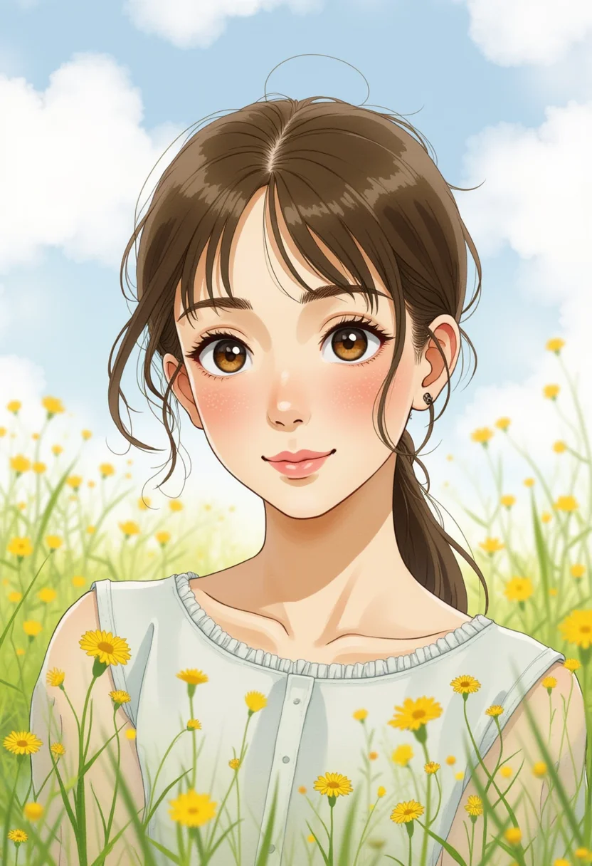 A wistful watercolor anime style portrait of a young woman with a gentle smile, serene expression, ethereal atmosphere, meadow background