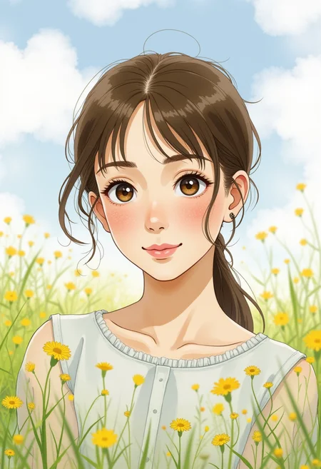 A wistful watercolor anime style portrait of a young woman with a gentle smile, serene expression, ethereal atmosphere, meadow background