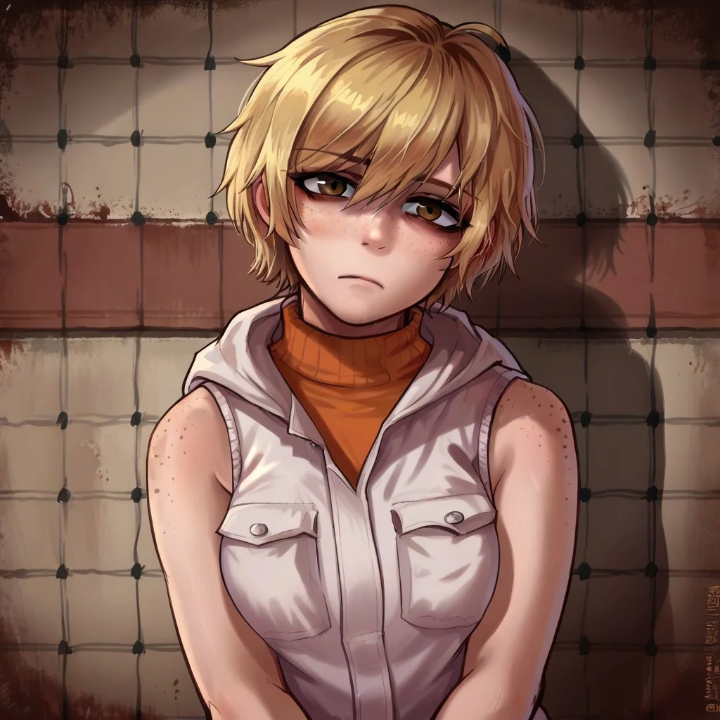source_anime, score_9, score_8_up, score_7_up BREAK  1girl, heather mason, blonde hair, red hue, dark, black souls style, shiny skin, vest, sleeveless turtleneck, portrait, brown eyes, freckles, bags under eyes, closed mouth, rusty chain link fence, head tilt, looking at viewer, from above