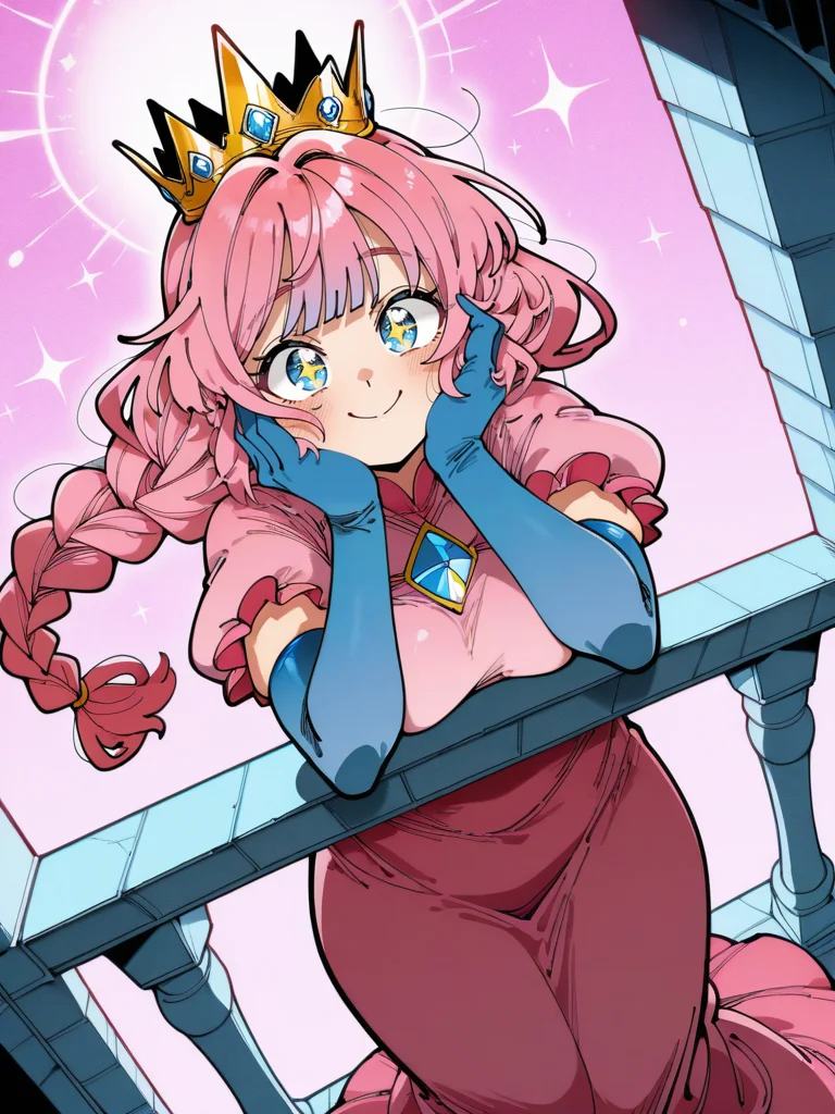 KafunXLP,,
1girl lay on balcony, princess pink dress, elbow gloves, blue eyes, crown, single braid, long skirt, medium breasts, looking at viewer, dynamic angle, cowboy shot, cute, cartoon, hands on face, hand on own cheek, cute pose, smile, blush, wide shot, sparkling eyes, magic vibes, bangs, floating hair,
<lora:KafunXLP_style-12:1>