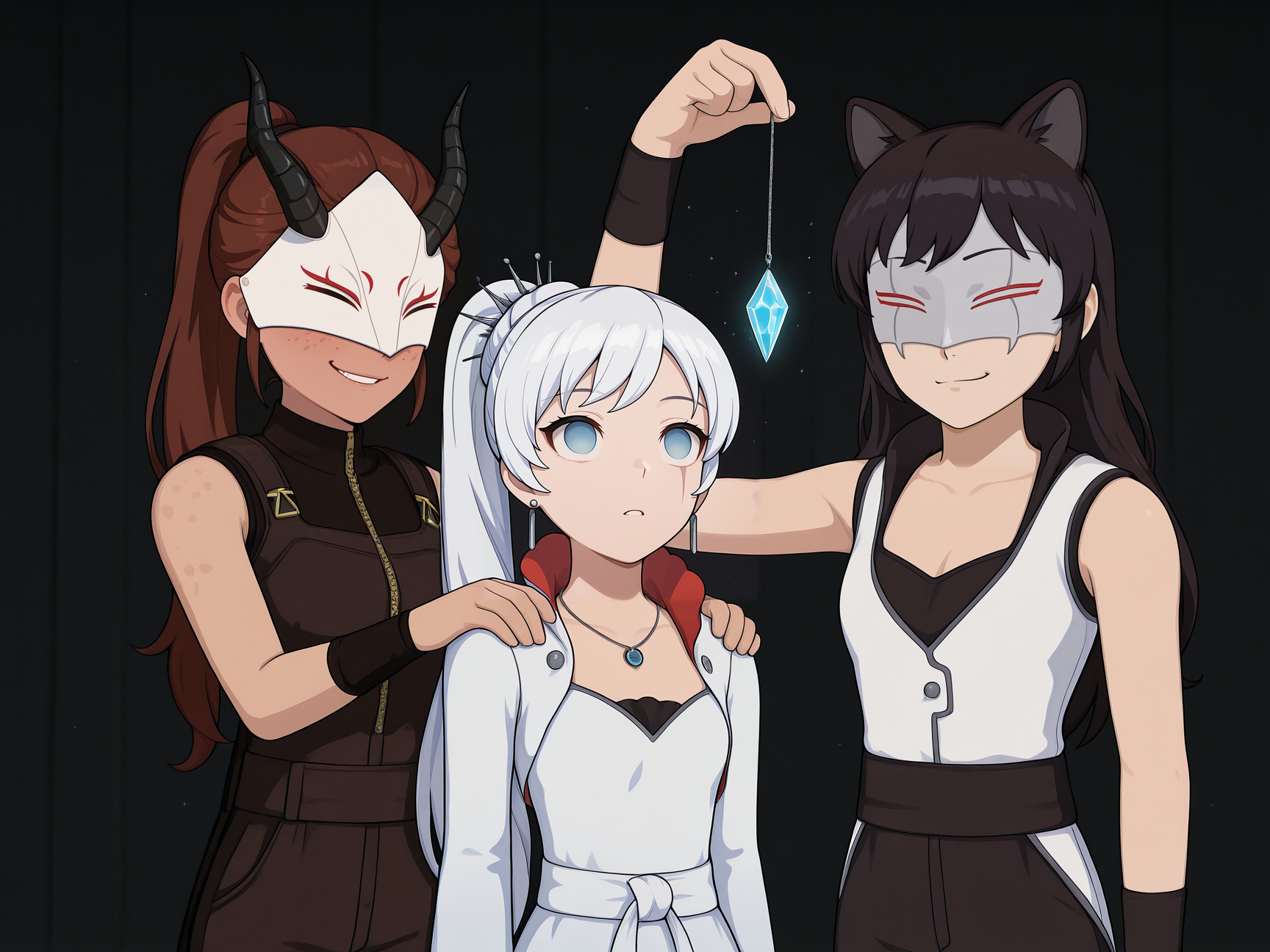 masterpiece, best quality, amazing quality, very aesthetic, absurdres, newest, 3girls, standing,
weiss_schnee, blake belladonna, \(rwby\), 1l1a
upper body, smile, holding, mind control, blue gem, hand on another's shoulder
<lora:Crystal-on-String-ILL_Kirill782_v2:1>, crystal on string, arm up, 
BREAK
(hand on another's shoulder:1.3), smirk,
(F4ngM4sk, full face mask, white mask with long horns, black horns:1.3), covered eyes,
brown hair, long hair, ponytail, dark skin, freckles,
B0dysu1t, black bodysuit, sleeveless, single glove,
 <lora:Ilia-Amitola-RWBY-ILL_ArkAi_v1:0.9>
BREAK
weiss_schnee, long hair, ponytail, white hair, blue eyes, scar across eye, earrings, jewelry, necklace, weissdef, long sleeves, cropped jacket, high collar, white dress,
hands behind back, standing in front, (standing from behind:1.3), hand on shoulder, 
looking up, mind control, crystal on string, looking at gem, 
 <lora:Weiss-Schnee-Rwby-ILL_Lisette_v1:1>
BREAK
blake belladonna, \(rwby\), black hair, cleavage, medium breasts, cat ears, long hair, 
WF_RWBY, full face mask, white jacket, white sleeveless jacket, black pants, black fingerless gloves, 
arm up, (blake belladonna-arm-above-head),
<lora:White-Fang-Uniform-RWBY-ILL_JGCC1990_v1:1>