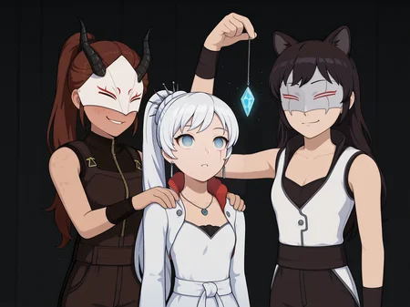 masterpiece, best quality, amazing quality, very aesthetic, absurdres, newest, 3girls, standing,
weiss_schnee, blake belladonna, \(rwby\), 1l1a
upper body, smile, holding, mind control, blue gem, hand on another's shoulder
<lora:Crystal-on-String-ILL_Kirill782_v2:1>, crystal on string, arm up,
BREAK
(hand on another's shoulder:1.3), smirk,
(F4ngM4sk, full face mask, white mask with long horns, black horns:1.3), covered eyes,
brown hair, long hair, ponytail, dark skin, freckles,
B0dysu1t, black bodysuit, sleeveless, single glove,
<lora:Ilia-Amitola-RWBY-ILL_ArkAi_v1:0.9>
BREAK
weiss_schnee, long hair, ponytail, white hair, blue eyes, scar across eye, earrings, jewelry, necklace, weissdef, long sleeves, cropped jacket, high collar, white dress,
hands behind back, standing in front, (standing from behind:1.3), hand on shoulder,
looking up, mind control, crystal on string, looking at gem,
<lora:Weiss-Schnee-Rwby-ILL_Lisette_v1:1>
BREAK
blake belladonna, \(rwby\), black hair, cleavage, medium breasts, cat ears, long hair,
WF_RWBY, full face mask, white jacket, white sleeveless jacket, black pants, black fingerless gloves,
arm up, (blake belladonna-arm-above-head),
<lora:White-Fang-Uniform-RWBY-ILL_JGCC1990_v1:1>