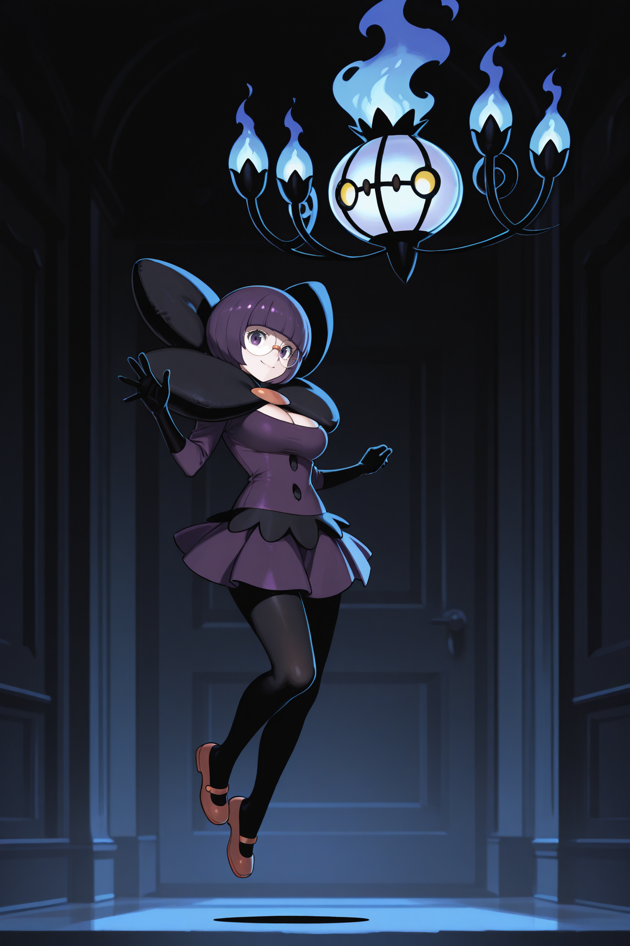 masterpiece, best quality, haunted mansion, indoors, black theme, blue flames, wide shot, full body, chiaroscuro, jumping, midair, dark theme, doors
 <lora:shauntal-illu-nvwls-v1-000006:1> pmsntl, purple hair, blunt bangs, bob cut, short hair, purple eyes, large breasts, round glasses, black neck pillow, purple shirt, cleavage, buttons, purple miniskirt, long sleeves, black gloves, elbow gloves, black pantyhose, mary janes, smile, 1girl, looking at viewer, full body, floating, jumping, waving
chandelure, pokemon_\(creature\), blue fire, yellow eyes