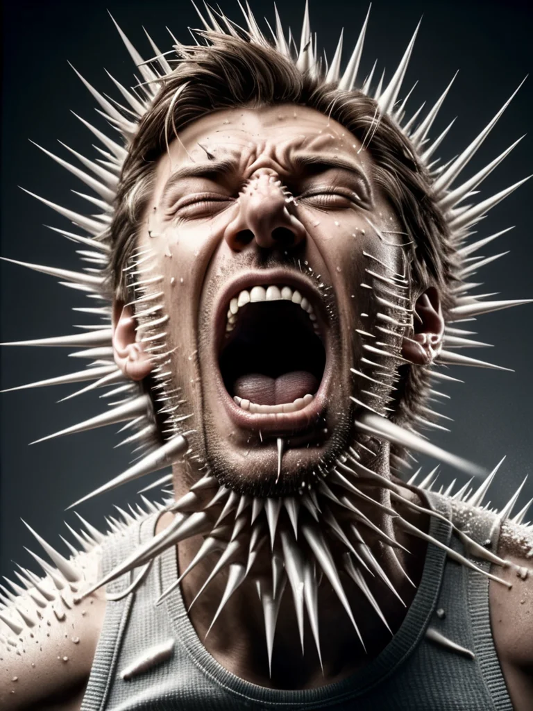 low angle, from below, photo, realistic, portrait, man sneezing violently toward the camera, running nose, shooting snot at the camera, (smear on lens:1.5) <lora:ral-spikes-sdxl:1> ral-spikes