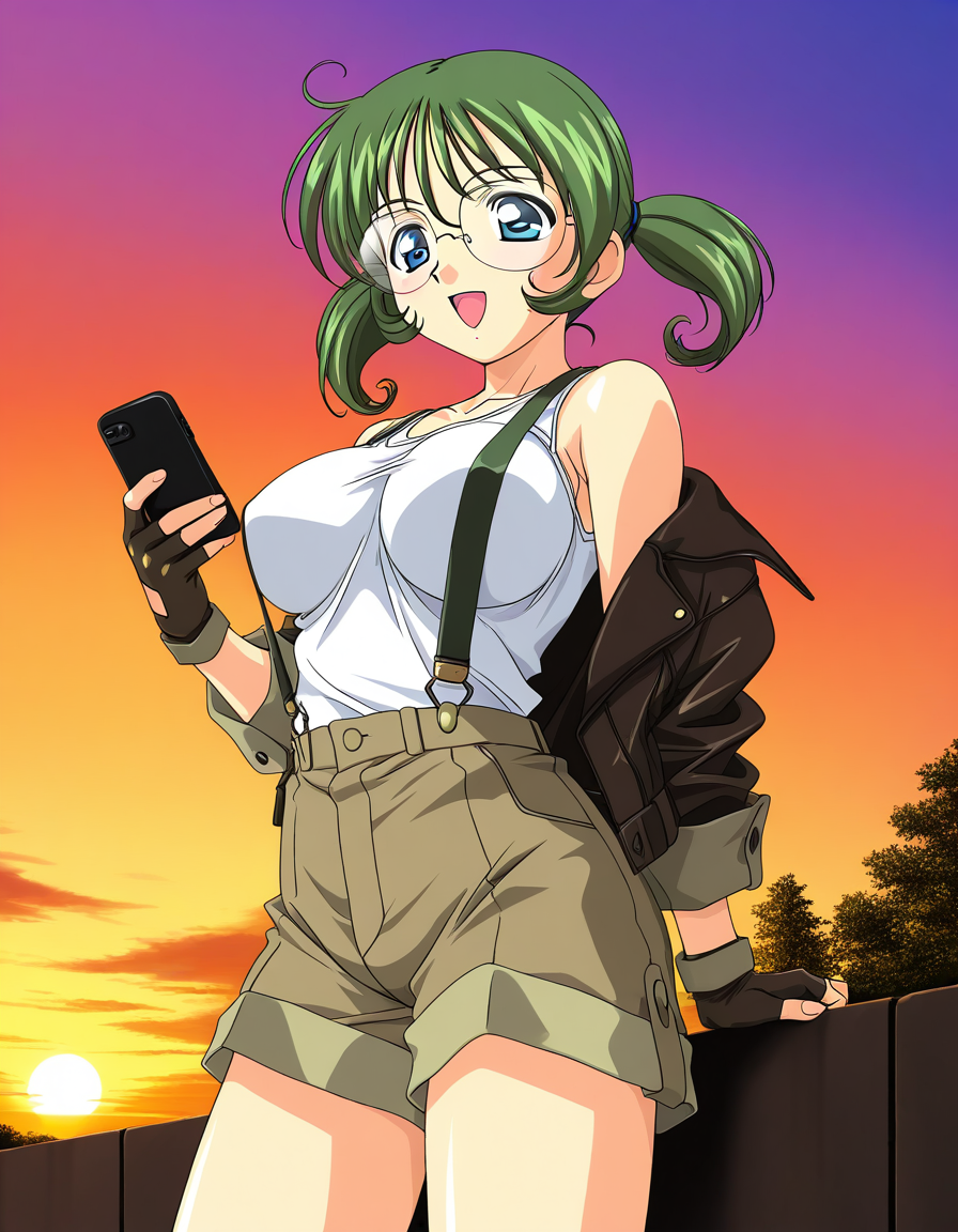 general,highres, ultra-detailed,very aesthetic,best quality ,best hands,  BREAK <lora:Sakurako_Spiral_NAMI_IS:1> 2000s \(style\),anime coloring,
Sakurako, solo, glasses, green hair, blue eyes, twintails, short hair, large breasts, smile, open mouth, gloves, shorts, fingerless gloves, tank top, phone, jacket, suspenders, sunset, outdoor, sky,