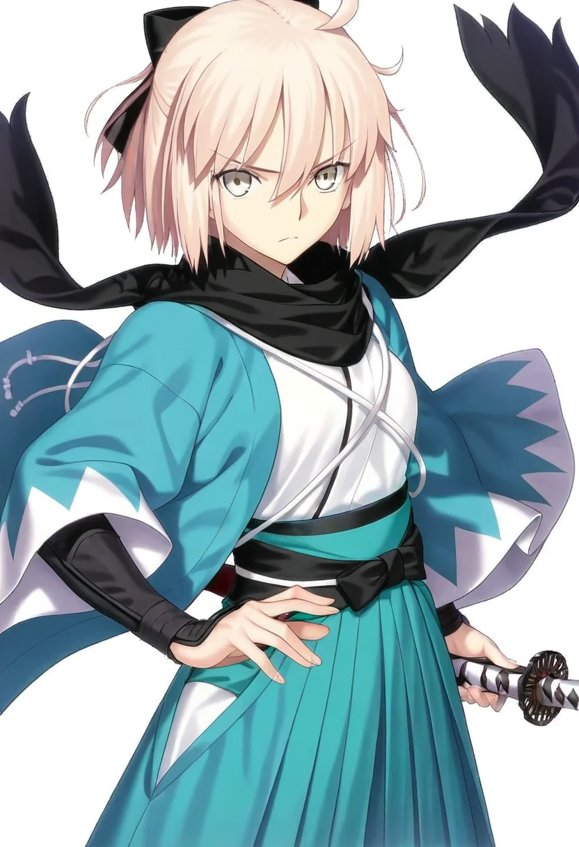masterpiece, best quality, absurdres, detailed skin, detailed eyes, detailed face, anime colored, anime screencap, anime colored,
<lora:Okita_Souji:1>, Okita Souji, 1 girl, looking at viewer, serious, cowboy shot,
haori, scarf, hakama, katana,
((white background)),