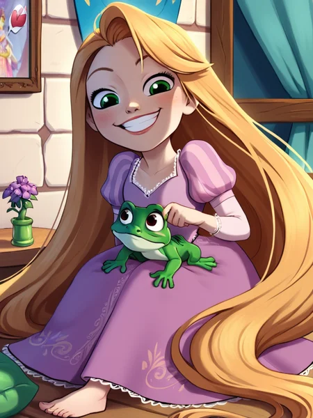 score_9, score_8_up, score_7_up, rapunzel, a cartoon picture of a girl in a dress, 1girl, solo, smile, blonde hair, very long hair, barefoot, grin, child, purple dress, frog, absurdly long hair, <lora:princesscomic_pony_v1:0.95>