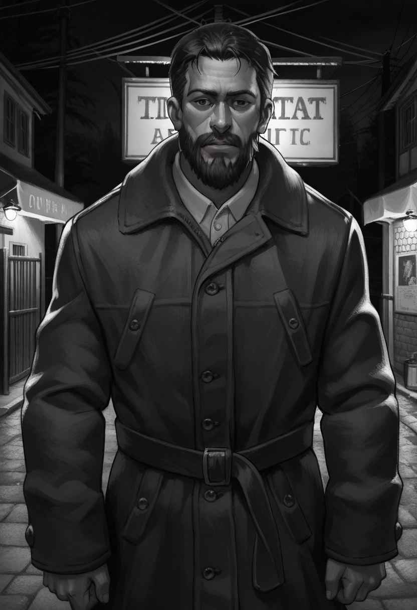 Graphic Design, greyscale, monochrome, intricate details, high contrast, detailed background, beautiful detailed, beautiful face, detailed eyes, detailed face, new, z41ch1k, 1boy, solo, male focus, mature male, black hair, short hair, facial hair, coat, looking at viewer, cowboy shot, street, village, dynamic pose, (masterpiece, best quality, newest, recent, absurdres), 