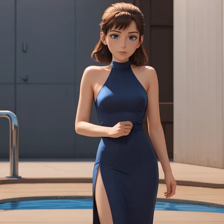 <lora:laetitia_pony_v1:.8>LaetitiaSecurity, 1girl, blue eyes,  brown hair, cowboy shot,  <lora:0932 Home wear 9_v1_pony:1> ruanyi0932,blue dress,halter dress,sleeveless,cowboy shot,taut dress,skin tight,long dress