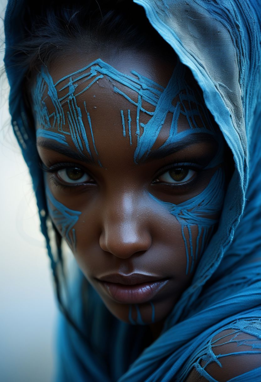 Close-up face, mysterious silhouette of an exotic coloured girl in worn down clothing, light blue war-paint over eyes only, goddess, alluring, by Minjae Lee, Carne Griffiths, Emily Kell, Steve McCurry, Geoffroy Thoorens, Aaron Horkey, Jordan Grimmer, Greg Rutkowski, amazing depth, double exposure, surreal, geometric patterns, intricately detailed, bokeh,  perfect balanced, deep fine borders, artistic photorealism , smooth,  great masterwork by Suiras  <lora:add-detail-xl:2>  <lora:Double_Exposure:0.5>