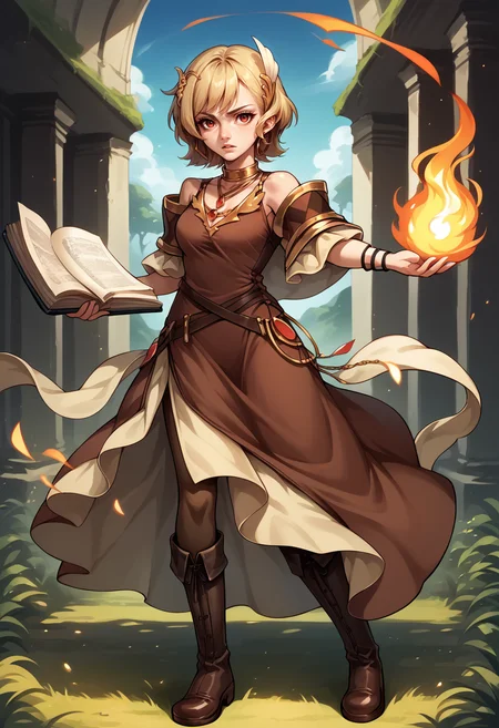 score_9, score_8_up, score_7_up, source_anime, 1girl, full body, standing, looking at you, serious, parted lips, holding fireball, magic, open book, floating object, BREAK <lora:CitrinneFE-pdxl:1> defCitrinne, short hair, wing hair ornament, hoop earrings, gold choker, necklace, bracelet, brown dress, long dress, detached sleeves, capelet, belt, pantyhose, knee boots, outdoors