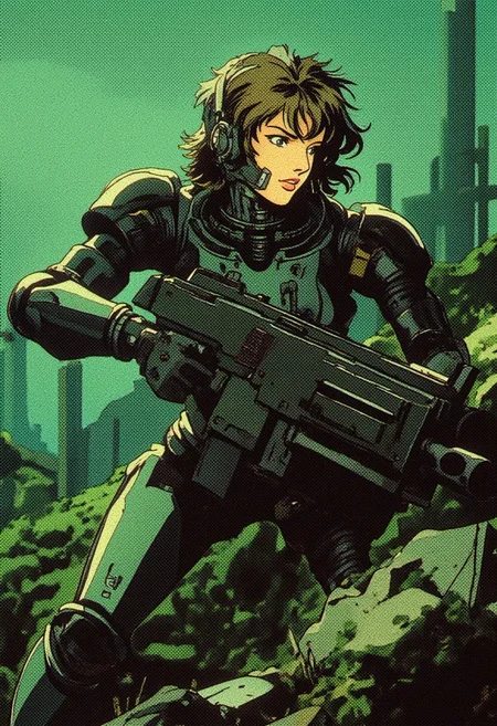 The image is a digital illustration in a detailed, vibrant, high contrast, semi-realistic art style with 90s retro futuristic anime elements without noise or comic halftone effect. The subject is dynamic action scene where a cybernetic woman with fully mechanical arms and legs taking cover behind some debri with a heavy machine gun, cyborg elements, post apocalyptic landscape, a lush green field full of ruins and wreckages, expressive, symbolic, choker, side soft light, Dark environment, black over black, highly detailed,
the background features a greenish, (dark), abandoned, industrial setting with metallic pipes and machinery, creating a sense of a dystopian or sci-fi environment. The composition and the poses are dynamic. The composition is dominated by cool tones, with a muted, slightly gritty texture that enhances the gritty, futuristic atmosphere.