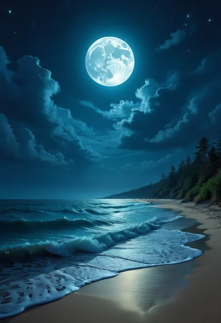 <lora:Flux-XL_Scenery:1>,flux-scenery A serene landscape of a moonlit beach, with glowing waves gently lapping at the shore and phosphorescent plankton lighting up the water, under a cloudy sky hiding part of the moon