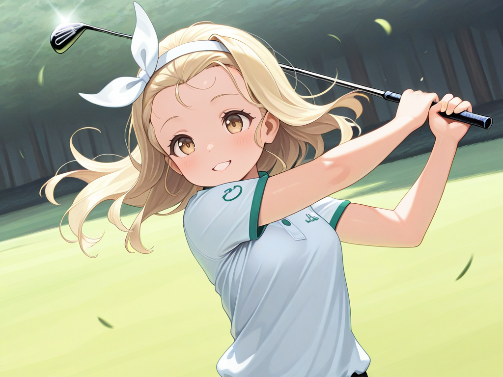 1girl,solo,gf_pl,standing,swinging,golf club,holding golf club,golf course,floating hair,long hair floating everywhere,disheveled hair,<lora:IL_golf:1>,dutch angle,upper body,grin,chestnut mouth,luigi torelli \(kancolle\),, masterpiece,best quality,amazing quality,very aesthetic,absurdres,