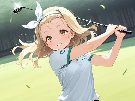 1girl,solo,gf_pl,standing,swinging,golf club,holding golf club,golf course,floating hair,long hair floating everywhere,disheveled hair,<lora:IL_golf:1>,dutch angle,upper body,grin,chestnut mouth,luigi torelli \(kancolle\),, masterpiece,best quality,amazing quality,very aesthetic,absurdres,