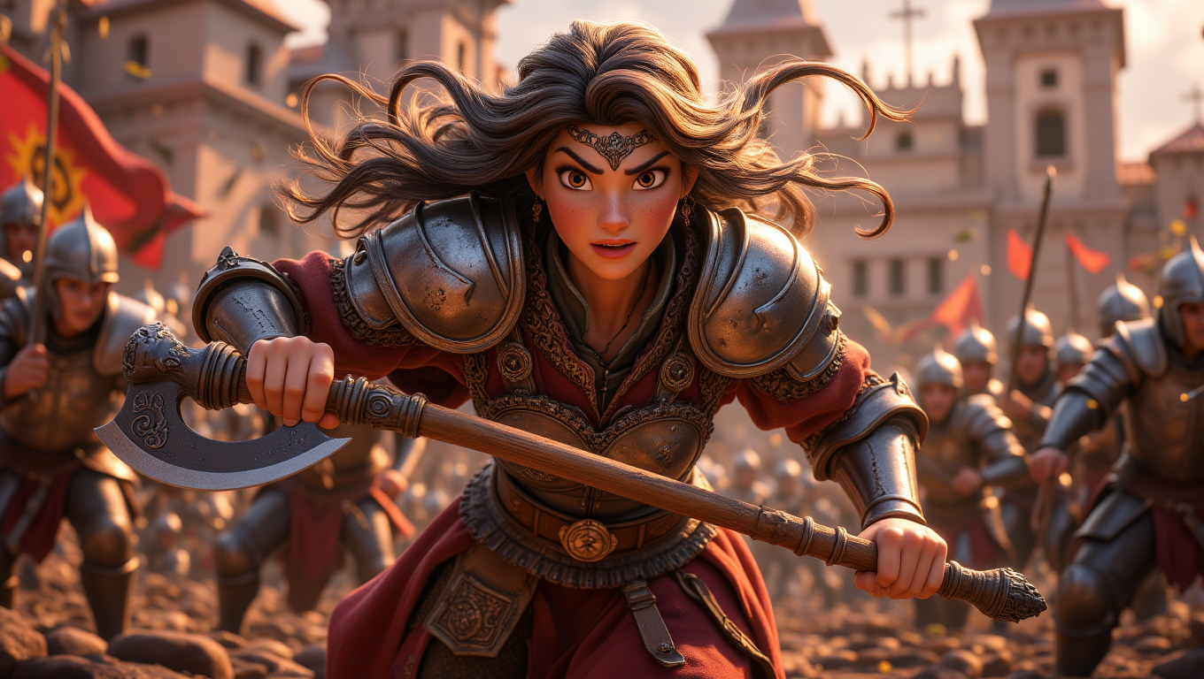 A fierce female warrior, clad in intricately designed armor, charges into battle with a determined expression. She wields a double-edged axe with expert precision, her long hair flowing behind her as she faces her enemies. The battlefield is chaotic, with clashing swords and flying arrows, but the warrior remains focused and unyielding. The style is dynamic and intense, emphasizing the warriorâs strength and the ferocity of medieval combat   <lora:Cute_3d_Cartoon_Flux:0.8>