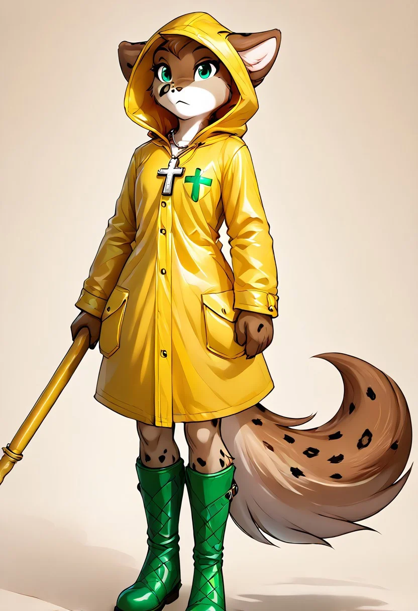 score_9, score_8_up, source_furry, beautiful colour, aesthetic, (masterpiece), best quality, expressive eyes, perfect face, full body,
luce_(judilee_2025), cross necklace, rosary, yellow raincoat, hood up, green logo, pocket, orange shorts, green rubber boots, cane,
tkkathrin, keidran, mammal, spotted fur, teal eyes, anthro