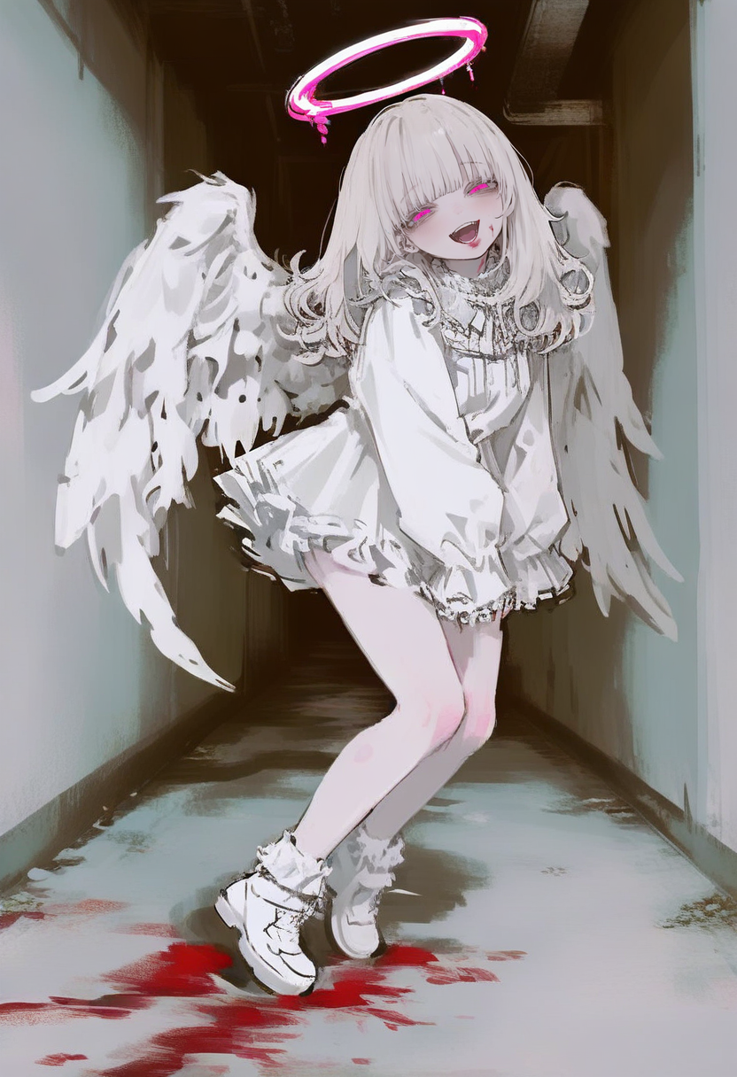 1girl, halo, solo, wings, angel wings, open mouth, blood, pink eyes, angel, smile, dress, looking at viewer, white footwear, long hair, white dress, shoes, bangs, long sleeves, feathered wings, white hair, :d, sleeves past wrists, full body, teeth, frills <lora:748cmXL_NBVP1_lokr_V6311P:0.95>