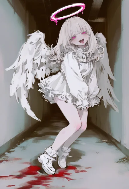1girl, halo, solo, wings, angel wings, open mouth, blood, pink eyes, angel, smile, dress, looking at viewer, white footwear, long hair, white dress, shoes, bangs, long sleeves, feathered wings, white hair, :d, sleeves past wrists, full body, teeth, frills <lora:748cmXL_NBVP1_lokr_V6311P:0.95>