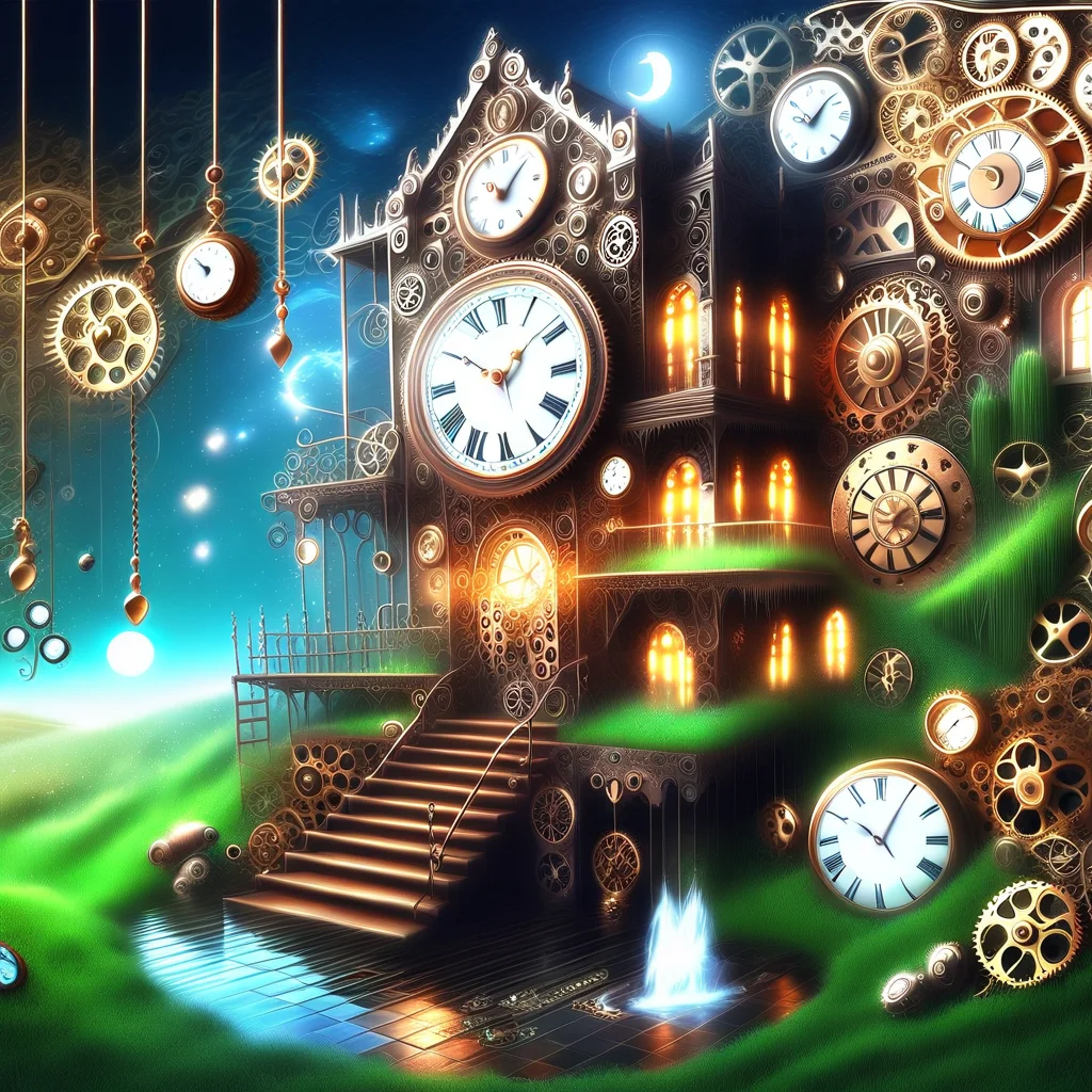 grass, window, tiles, steampunk, water, pocket watch, stairs, shoes, sparks, full moon
