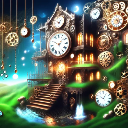 grass, window, tiles, steampunk, water, pocket watch, stairs, shoes, sparks, full moon