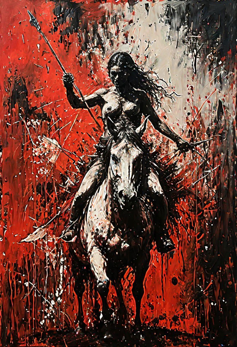 (Impressionism: 1.5), (abstract acrylic painting), red and black and white shades, (large strokes: 1.3), painting on canvas, filled with movement, (action packed), (barbarian nomad) riding a horse, (arriving: 1.5), holding a bow in the hand, (looking forward), macro photo, sparkling magical fantasy glass rose dewdrop, dragonfly on the rose, very detailed, amazing quality, intricate, cinematic light, highly detail, beautiful, surreal, dramatic, galaxy fantasy colors, (from above: 1.3), dinamic position, (much splashes of blood and dirt: 1.3) from under the hooves, realism, modern art, abstraction, absurdity, acrylic painting on canvas, (silhouette in strokes: 1.6)