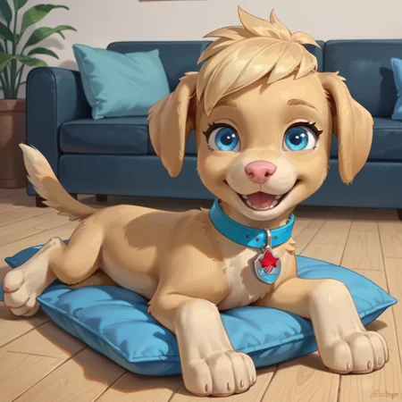 score_9, score_8_up, score_7_up, score_6_up, source_cartoon, Ella(PP), solo, 1girl, feral, dog, golden retriever, yellow fur, yellow hair, fluffy tail, blue eyes, pink nose, blue collar, red and blue tag, full body, looking at viewer, laying on stomach, laying on pillow, smile, mouth open, tongue out, living room background,