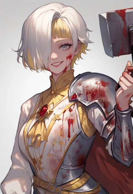 (score_9, score_8_up:1.1), score_7_up, masterpiece, perfect face, beautiful face, perfect hands, beautiful hands, 1girl, solo, <lora:KromerLimbus:1>, KromerLimbus, KromerNcorp, single armored glove, single armored shoulder, solo, looking at viewer, smile, short hair, blonde hair, 1girl, white background, holding, upper body, weapon, female focus, holding weapon, armor, hair over one eye, blood, blood on face, blood on clothes, hammer, blood on weapon, multicolored hair, white hair, upper body, portrait, grin