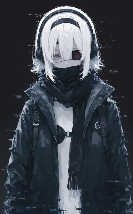 masterpiece, best quality, amazing quality, 1girl, solo, looking at viewer, short hair, hair between eyes, jacket, upper body, white hair, hairband, open clothes, scarf, open jacket, black jacket, grey eyes, headphones, eyepatch, black background, one eye covered, high collar, covered mouth, straight-on, black scarf, glitch, black theme, (oharu-chan:0.85), (shimashiro itsuki:1.2), <lora:noobai_ep11_stabilizer_v0.138_fp16:0.3> <lora:NOOB_vp1_detailer_by_volnovik_v1:0.3> <lora:XXX667:0.5> <lora:lpc_v10:0.7> <lora:r17329_illuu:0.4> <lora:114558v4df2fsdf5:0.4>
