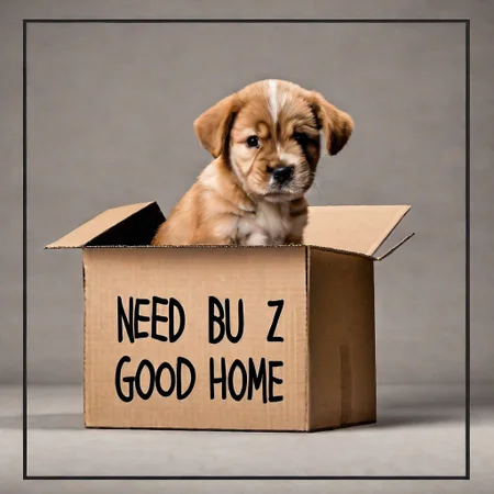 sad puppy in box with a (((sign saying "Need buz for good home")))
