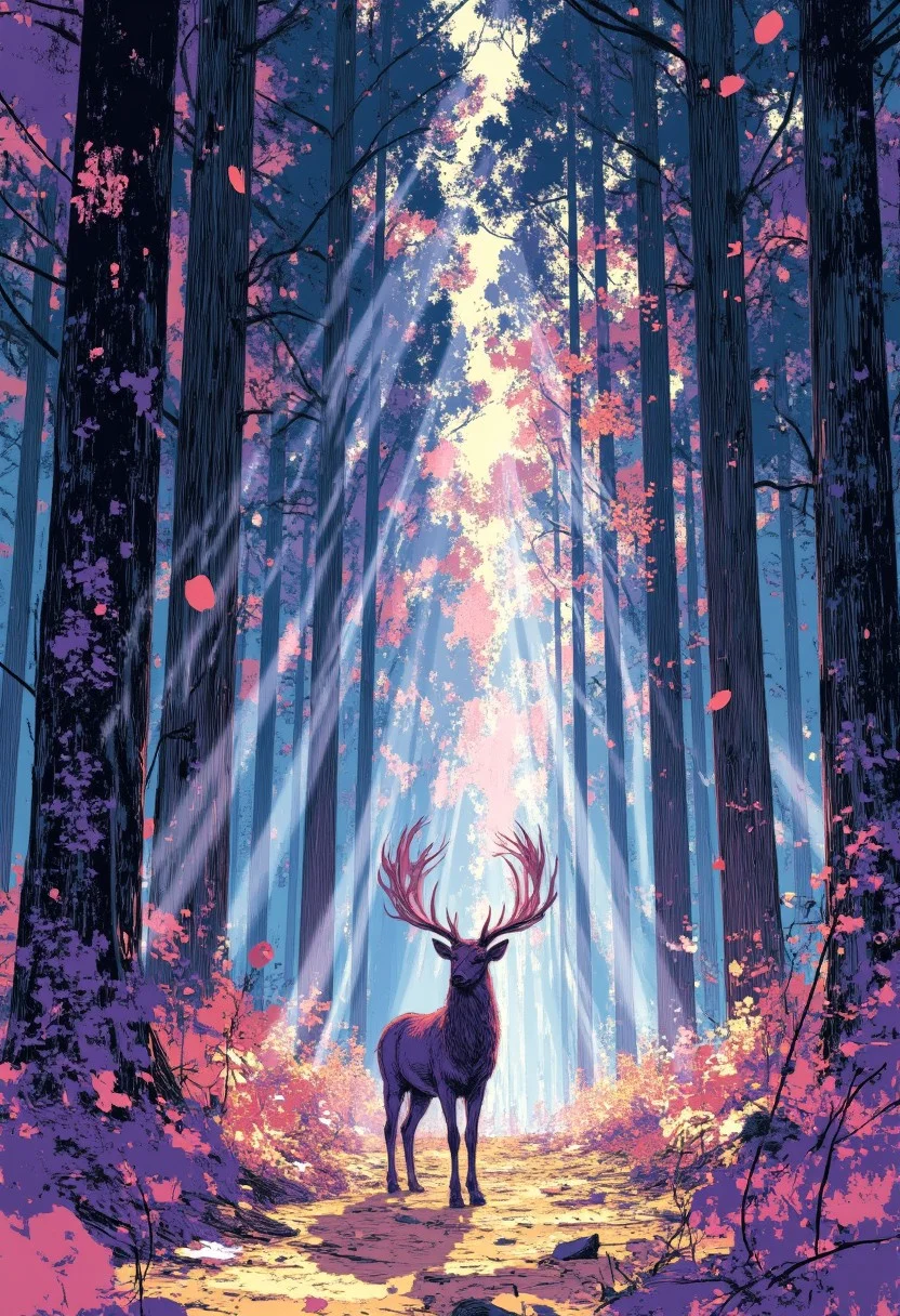 A dreamlike fantasy landscape painted in the vibrant, whimsical style of Lauren Greasley Style. A mysterious forest shrouded in soft, glowing mist, with towering, twisted trees adorned with luminescent flowers and vines. In the center, a magical creature resembling a deer with antlers made of crystal and a mane flowing like liquid gold stands gracefully, its bright eyes shimmering with ancient wisdom. The background features a sky awash with swirling colors, like an aurora, casting a surreal glow over the entire scene.