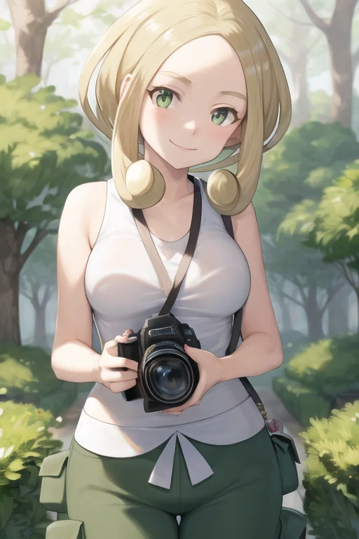 <lora:ViolaLora-10:0.7>, viola \(pokemon\), breasts, white shirt, green pants, camera, smile,