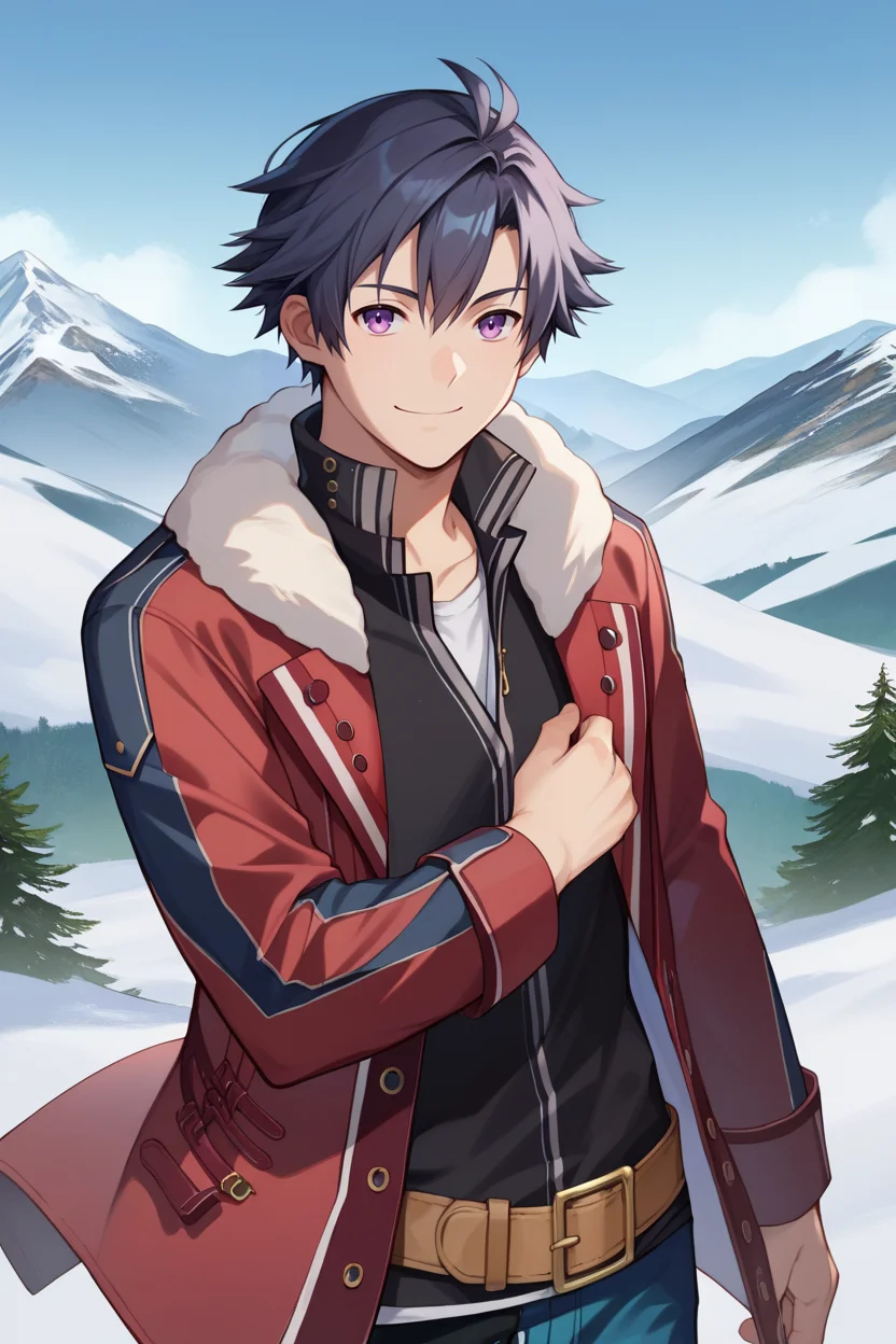 score_9, score_8_up, score_7_up, score_6_up, source_anime, BREAK 1boy, solo <lora:rean-pdxl-nvwls-v1-000006:1> sen2rean, black hair, red jacket, fur trim, black shirt, brown belt, blue pants, snow-capped mountains, blue sky, snow, winter, looking at viewer, smile, furrowed brow