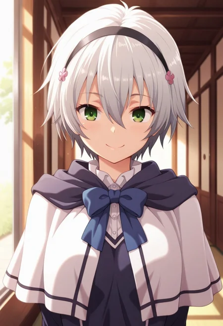 masterpiece,best quality,amazing quality, kurogane shizuku, short hair, green eyes, silver hair, 1girl, solo, smile, hairband, bow, capelet,  upper body, hair between eyes, closed mouth, bowtie, blue bow