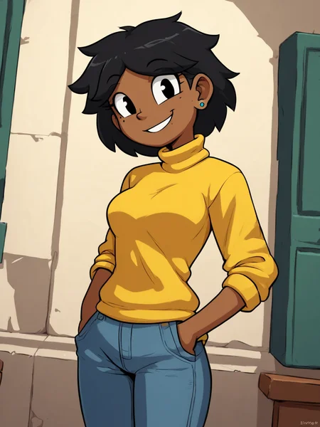 score_9, score_8_up, score_7_up, score_6_up, BREAK, 0al3r1e, 1girl, solo, smile, black hair, black eyes, medium breasts, dark-skinned female, dark skin, earrings, mole under eye, yellow sweater, turtleneck, jeans, hands in pocket, looking at viewer, smile <lora:Valerie:1>