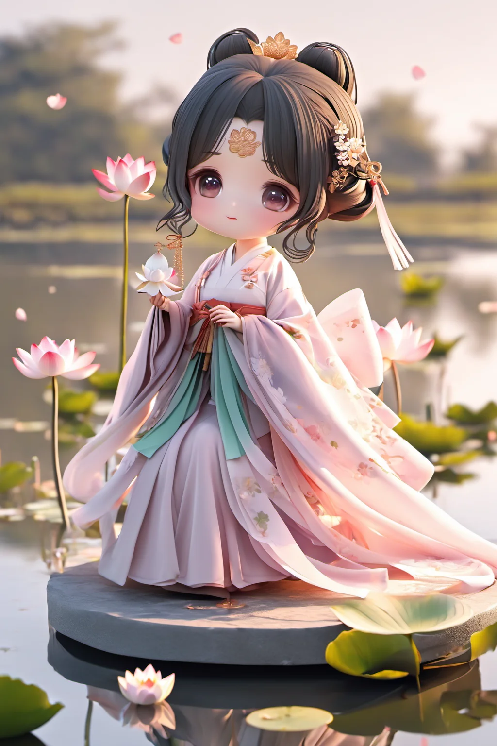 1 girlï¼chibi,hanfu, lotus, lake <lora:mengwa:1>