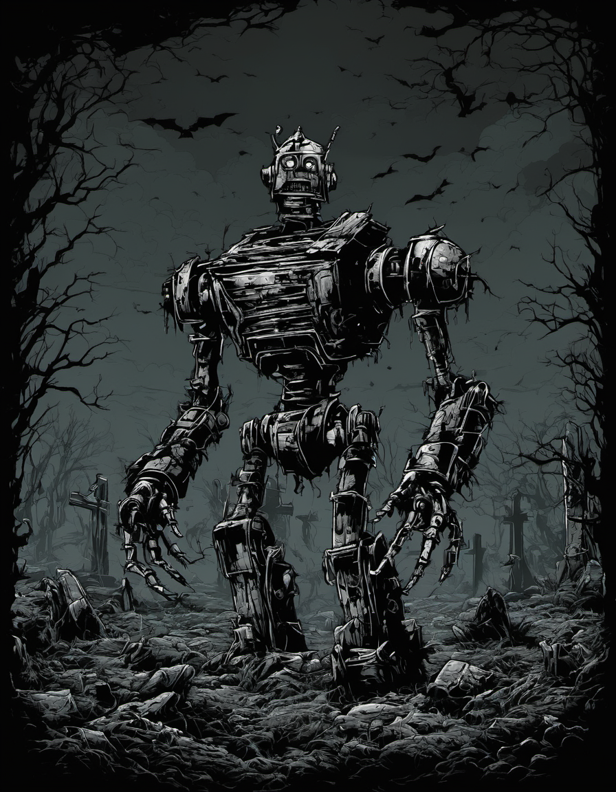 metal_tee, a large, ominous robot standing in the middle of a graveyard, creating a sense of foreboding and mystery, vector digital illustration, (black background:1.5) <lora:metal_tee_sdxl:1>,