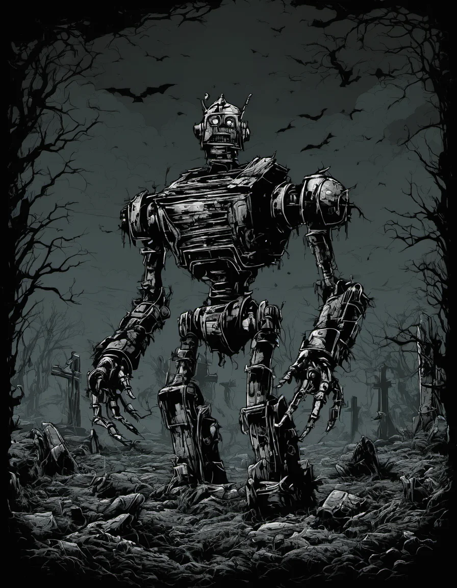 metal_tee, a large, ominous robot standing in the middle of a graveyard, creating a sense of foreboding and mystery, vector digital illustration, (black background:1.5) <lora:metal_tee_sdxl:1>,
