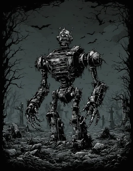 metal_tee, a large, ominous robot standing in the middle of a graveyard, creating a sense of foreboding and mystery, vector digital illustration, (black background:1.5) <lora:metal_tee_sdxl:1>,
