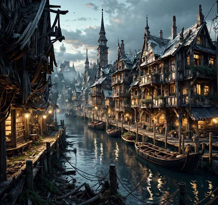 RAW photo, (masterpiece:1.3), subsurface scattering, heavy shadow, (high quality:1.4), (intricate, high detail:1.2), professional photography, HDR, High Dynamic Range, realistic, ultra realistic, photorealistic, high resolution, film photography, ambient lighting, atmospheric effects, <lora:detail_slider_v4:2>, OverallDetail, DarkFantasy, <lora:Laketown:1>, laketown, a shabby town in a lake, old, derelict small wooden huts, dirt, water, canal, river,