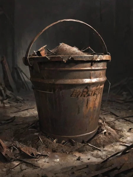 mkitdecy, drawing, of a rusty decayed bucket full of broken dust, shack, foul, deep shadows, high quality, high resolution, cinematic, dark, <lora:- SDXL - mkitdecy_let_it_decay_V1.0:.7>