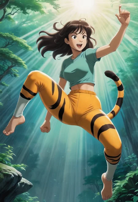 Lum (Urusei Yatsura), a girl in a tiger print tight pants jumping in the air, created by Rumiko Takahashi, knights of zodiac girl, urusei yatsura, badass pose, thighs!!!!!!
, Ghibli art style, Spirited Away art style, (glow, god rays, ethereal, dreamy, heavenly, otherworldly, dream-like, breathtaking, captivating, divine), , (studio ghibli style art:1.3), sharp, very detailed, high resolution, inspired by hayao miyazaki, anime, art from ghibli movie, perferct hands, perferct fingers, realistic hands, realistic fingers, realistic fist, perfect fist
